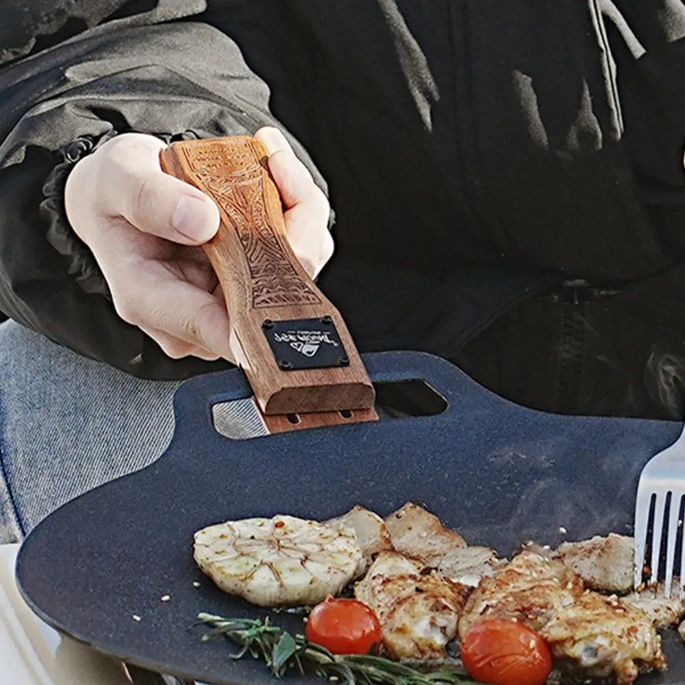 Camping Cooking Griddle - Outdoor Natural Wood Grill Pan Handle